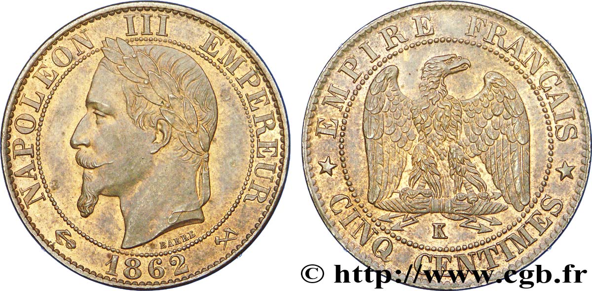 Cinq centimes Napoléon III, tête laurée 1862 Bordeaux F.117/9 EBC 