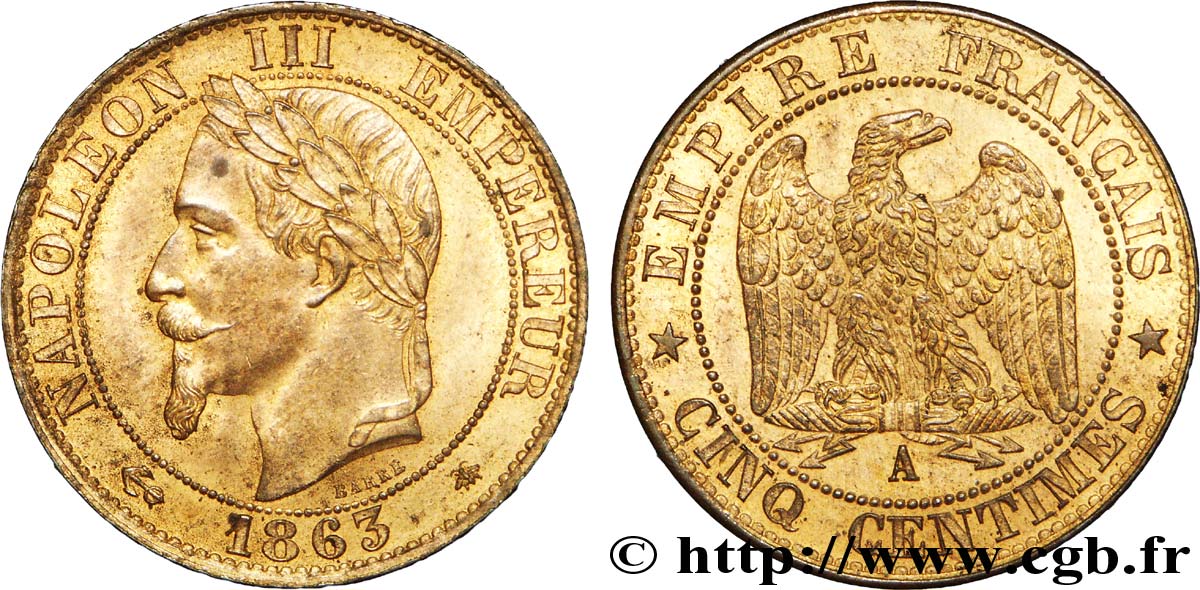 Cinq centimes Napoléon III, tête laurée 1863 Paris F.117/10 SUP 