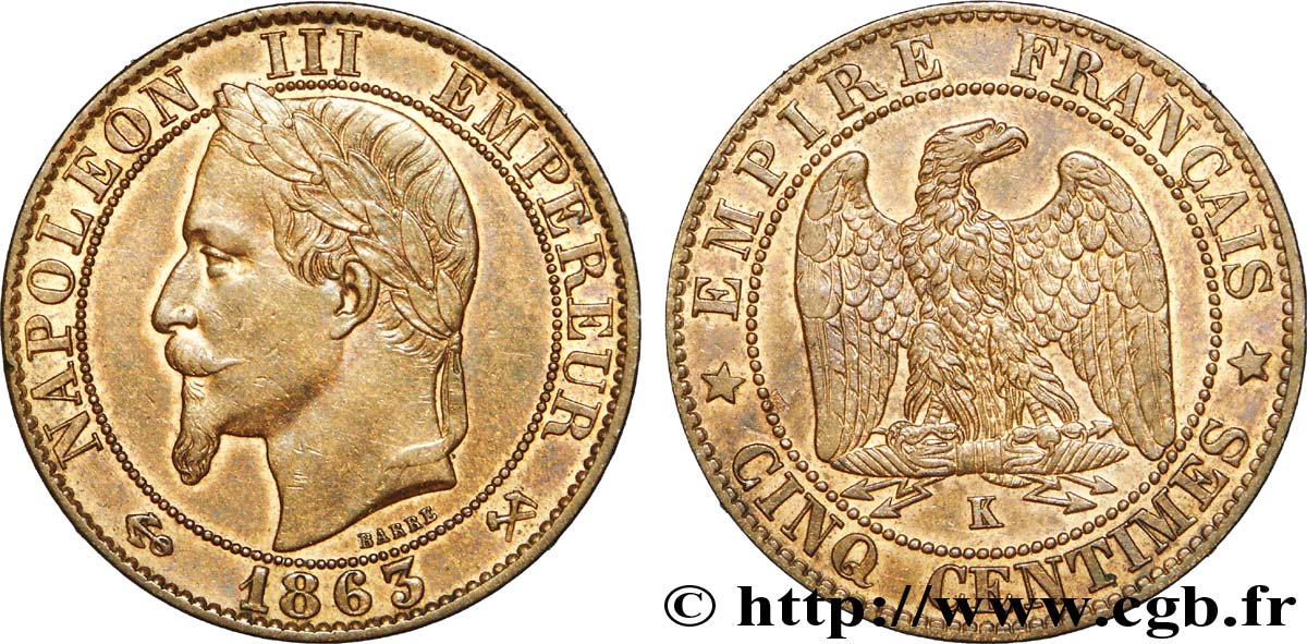 Cinq centimes Napoléon III, tête laurée 1863 Bordeaux F.117/12 VZ 