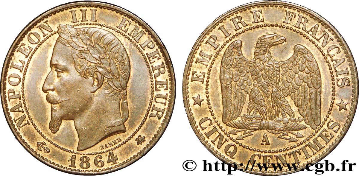 Cinq centimes Napoléon III, tête laurée 1864 Paris F.117/13 AU 