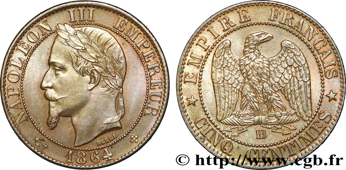 Cinq centimes Napoléon III, tête laurée 1864 Strasbourg F.117/14 SUP 