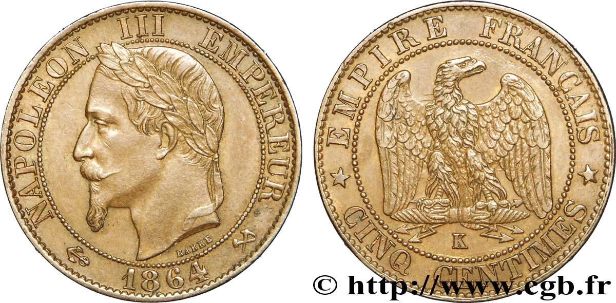 Cinq centimes Napoléon III, tête laurée 1864 Bordeaux F.117/15 TTB 