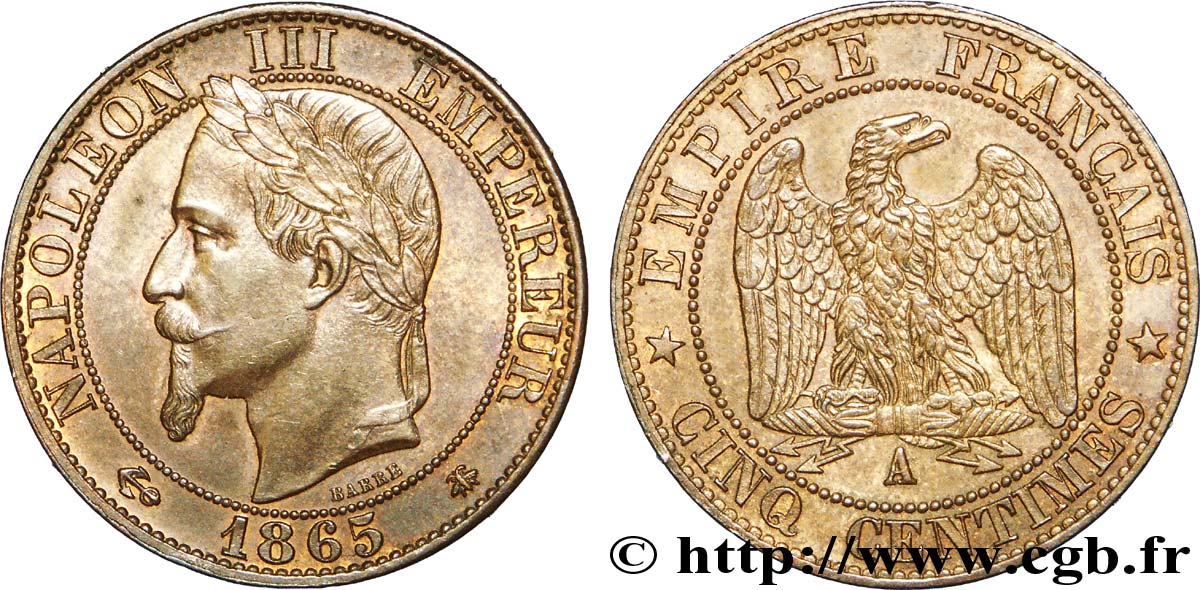 Cinq centimes Napoléon III, tête laurée 1865 Paris F.117/16 SPL 