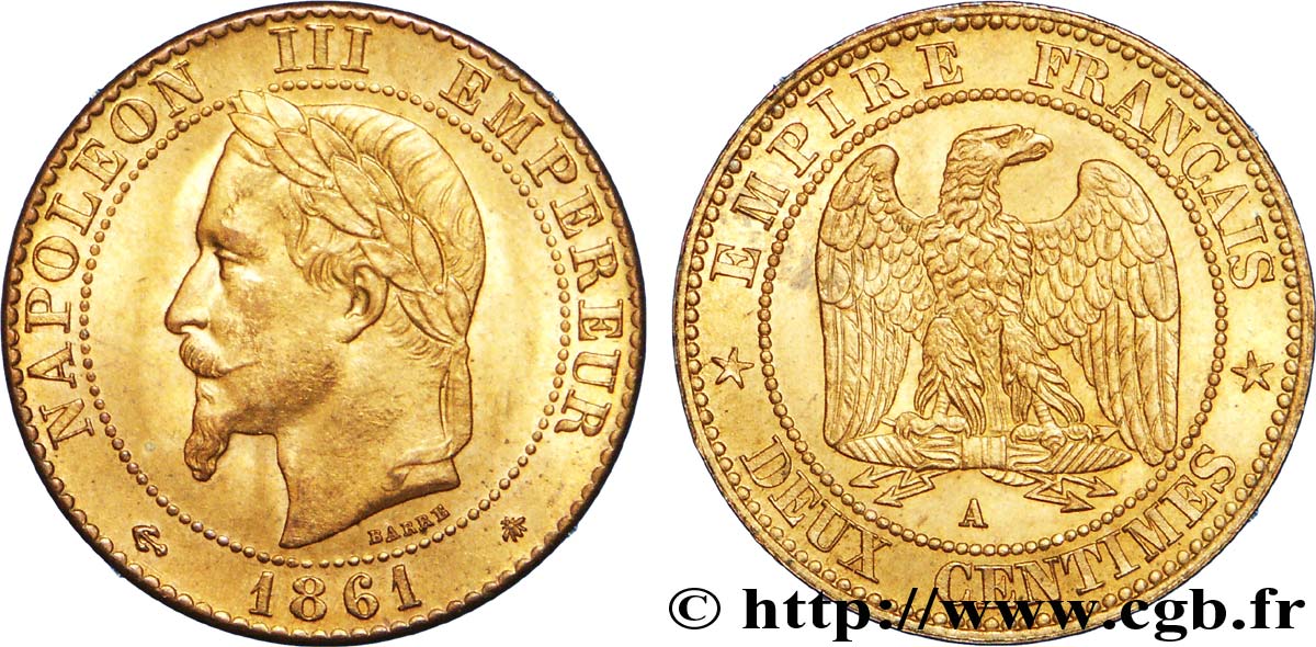 Deux centimes Napoléon III, tête laurée, buste provisoire 1861 Paris F.108/1 VZ 
