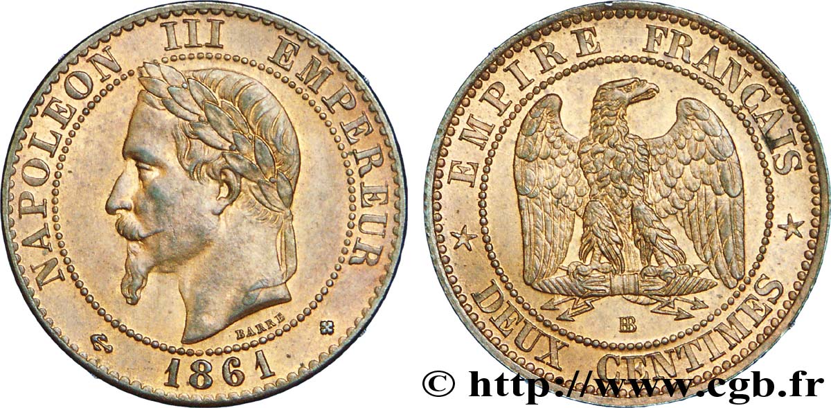 Deux centimes Napoléon III, tête laurée, buste provisoire 1861 Strasbourg F.108/2 SUP 