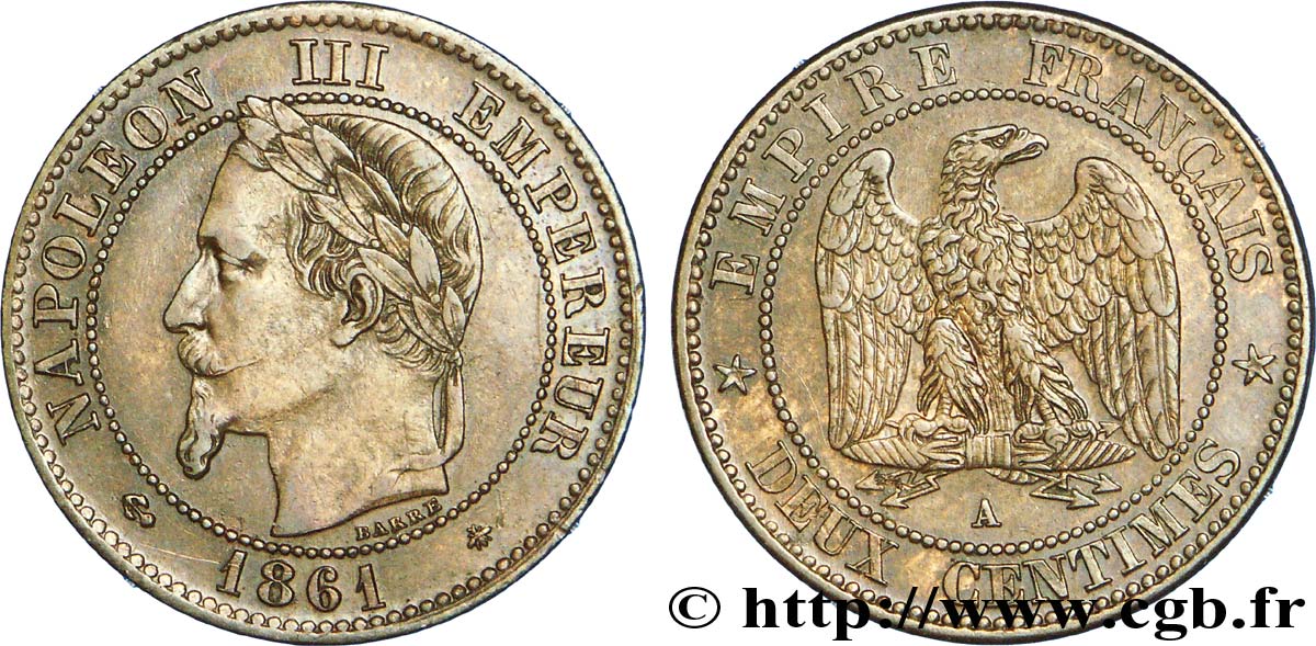 Deux centimes Napoléon III, tête laurée, buste définitif 1861 Paris F.108A/1 SS 