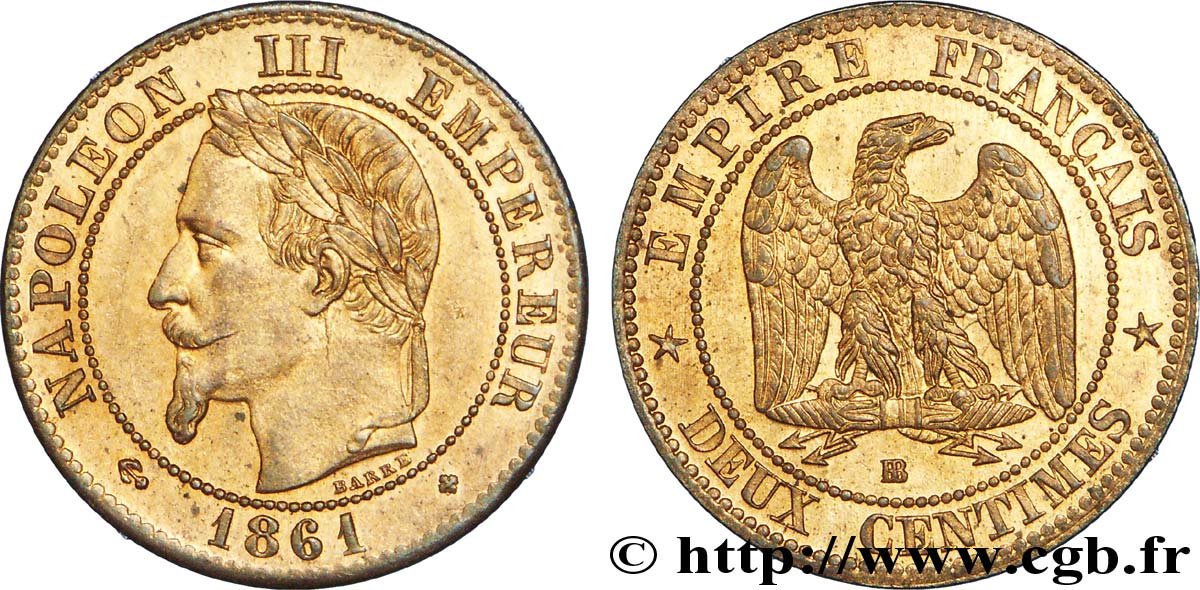 Deux centimes Napoléon III, tête laurée 1861 Strasbourg F.108A/2 EBC 