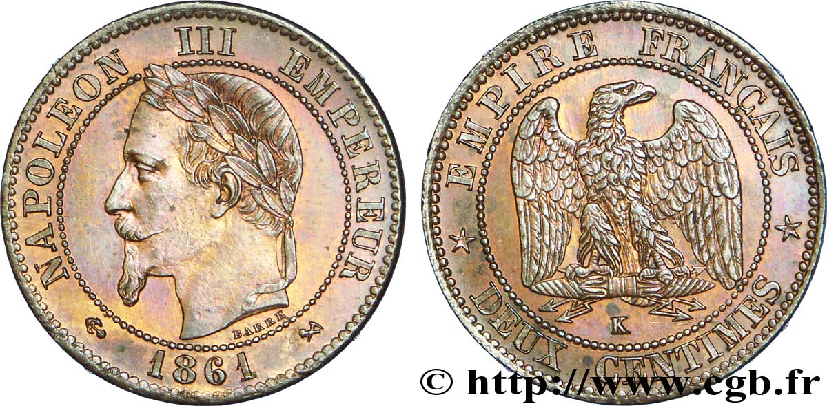 Deux centimes Napoléon III, tête laurée, buste définitif 1861 Bordeaux F.108A/3 VZ 