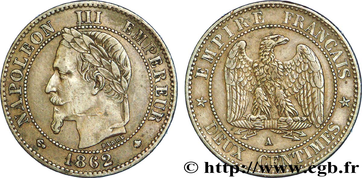 Deux centimes Napoléon III, tête laurée 1862 Paris F.108A/4 TTB 