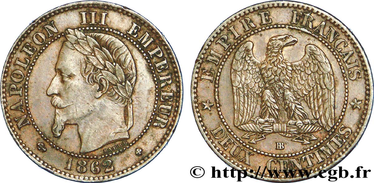 Deux centimes Napoléon III, tête laurée, petit BB 1862 Strasbourg F.108A/5 XF 