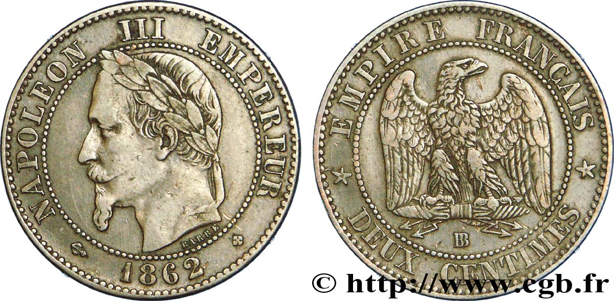 Deux centimes Napoléon III, tête laurée, grand BB 1862 Strasbourg F.108A/6 MBC 