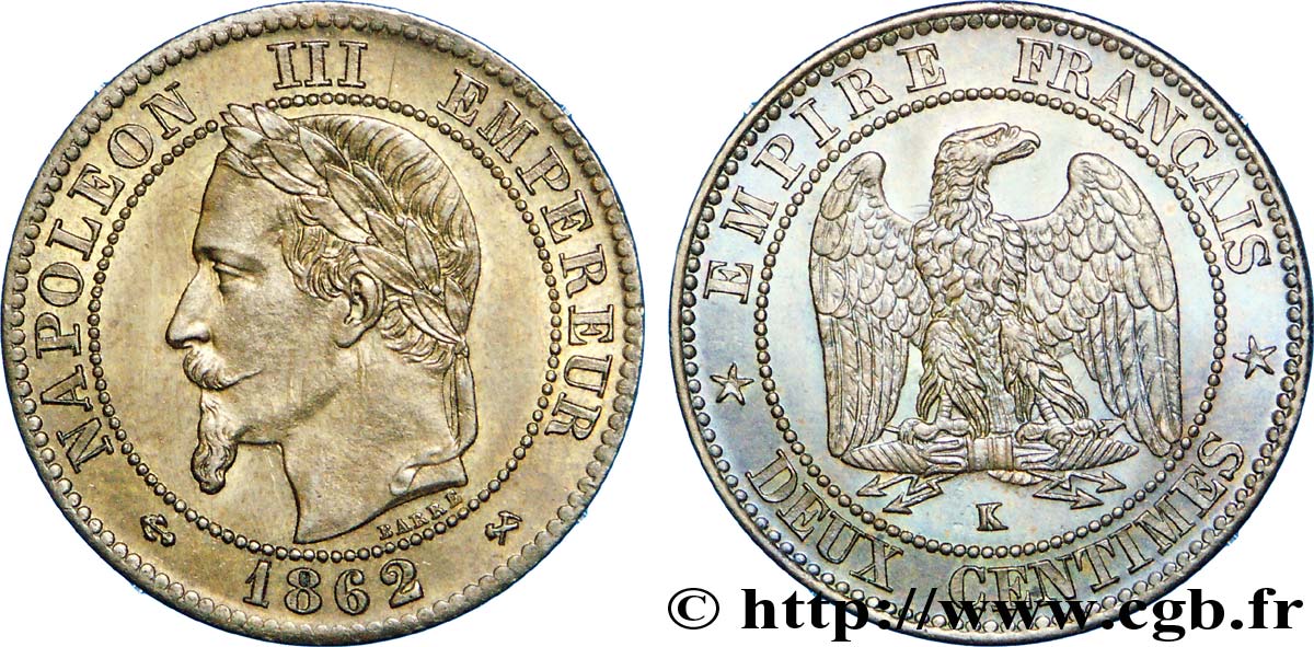 Deux centimes Napoléon III, tête laurée 1862 Bordeaux F.108A/7 VZ 