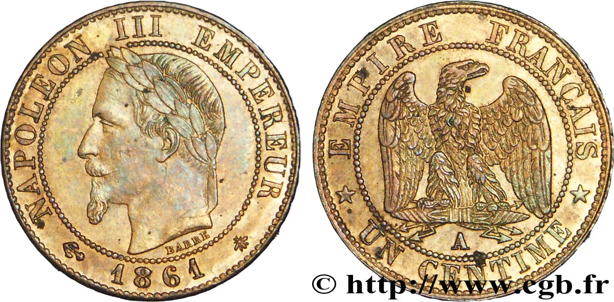Un centime Napoléon III, tête laurée 1861 Paris F.103/1 EBC 