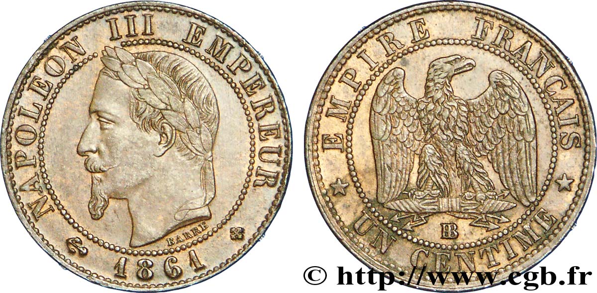 Un centime Napoléon III, tête laurée 1861 Strasbourg F.103/2 EBC 