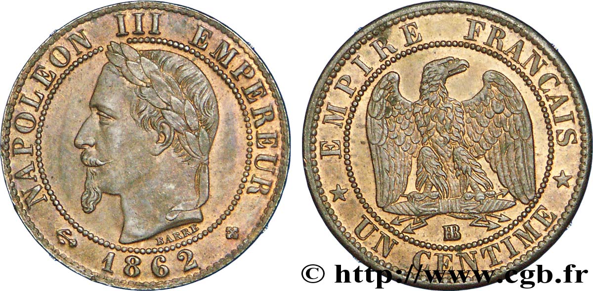 Un centime Napoléon III, tête laurée, petit BB 1862 Strasbourg F.103/5 VZ 