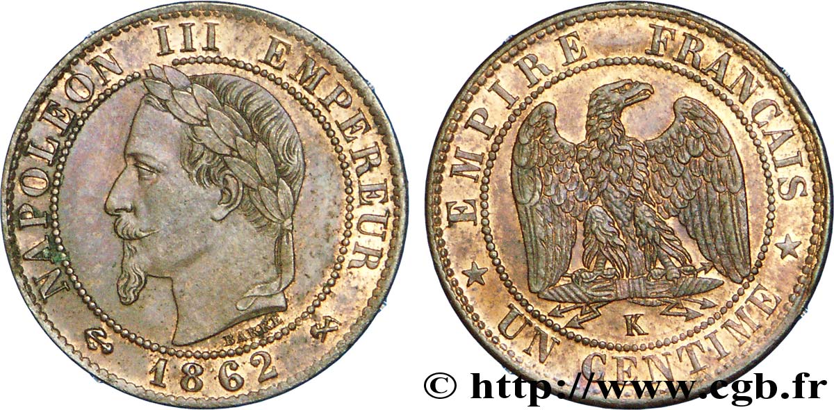 Un centime Napoléon III, tête laurée 1862 Bordeaux F.103/7 EBC 