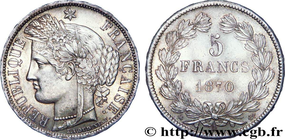 5 francs Cérès, sans légende 1870  Paris F.332/1 EBC 