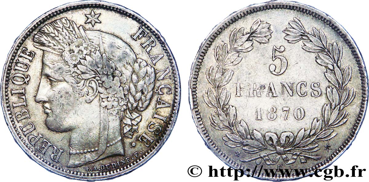 5 francs Cérès, sans légende, M à 4 heures 1870 Bordeaux F.332/3 XF 