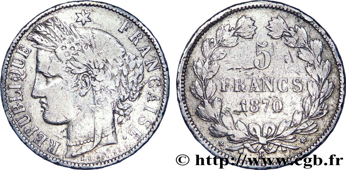 5 francs Cérès, sans légende, A.E. Oudiné 1870 Bordeaux F.332/7 TB 