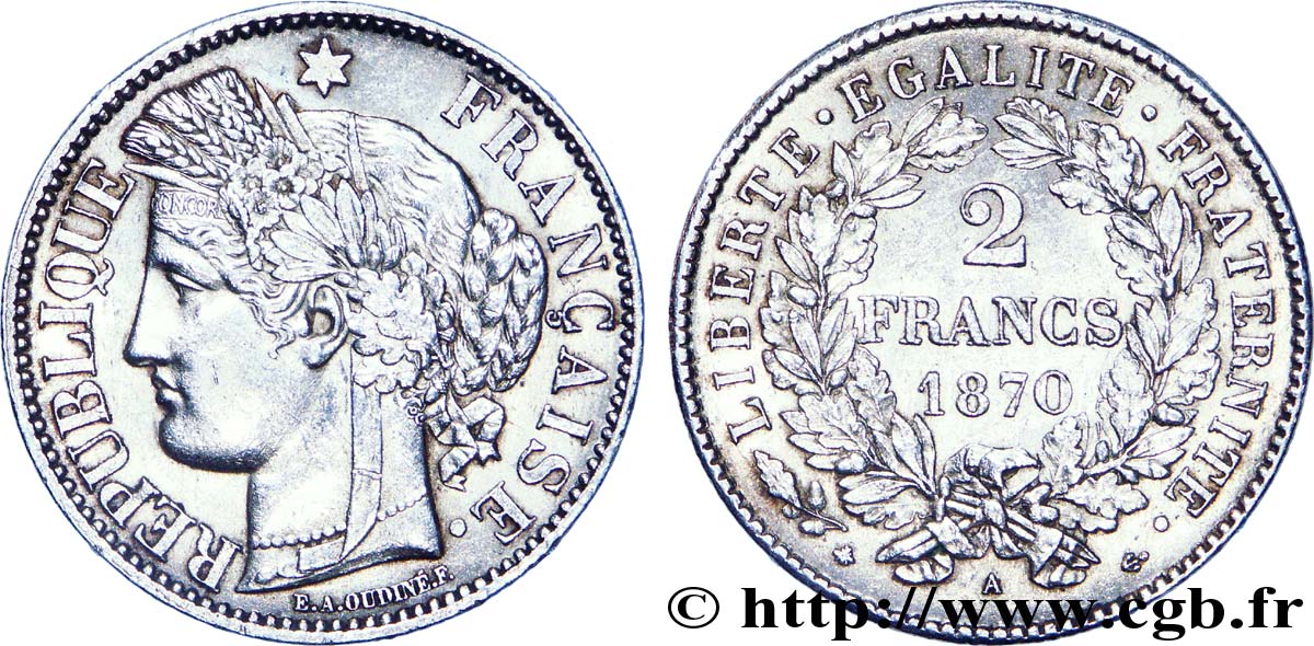2 francs Cérès, avec légende, petit A 1870  Paris F.265/2 VZ 
