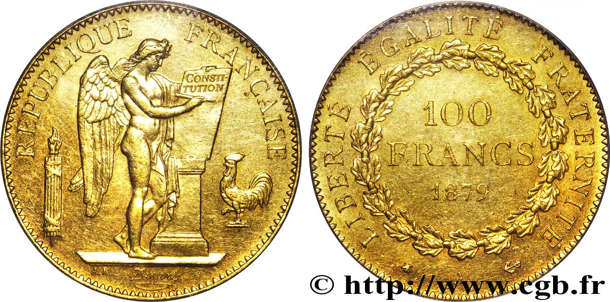 100 francs or Génie, tranche inscrite en relief Dieu protège la France 1879 Paris F.552/3 EBC 