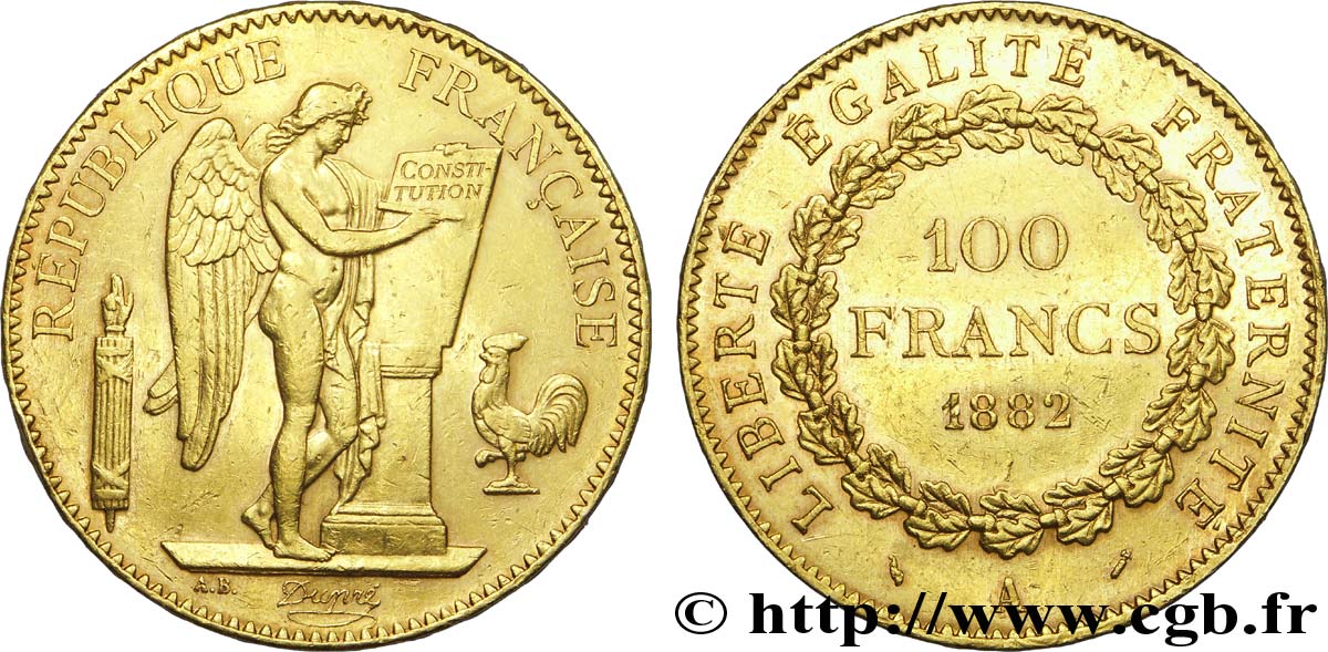 100 francs or Génie, tranche inscrite en relief Dieu protège la France 1882 Paris F.552/5 SS 
