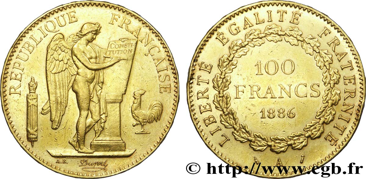 100 francs or Génie, tranche inscrite en relief Dieu protège la France 1886 Paris F.552/7 TTB 