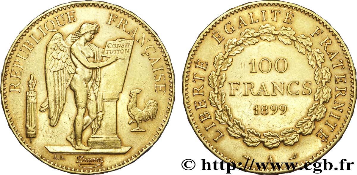 100 francs or Génie, tranche inscrite en relief Dieu protège la France 1899 Paris F.552/12 XF 