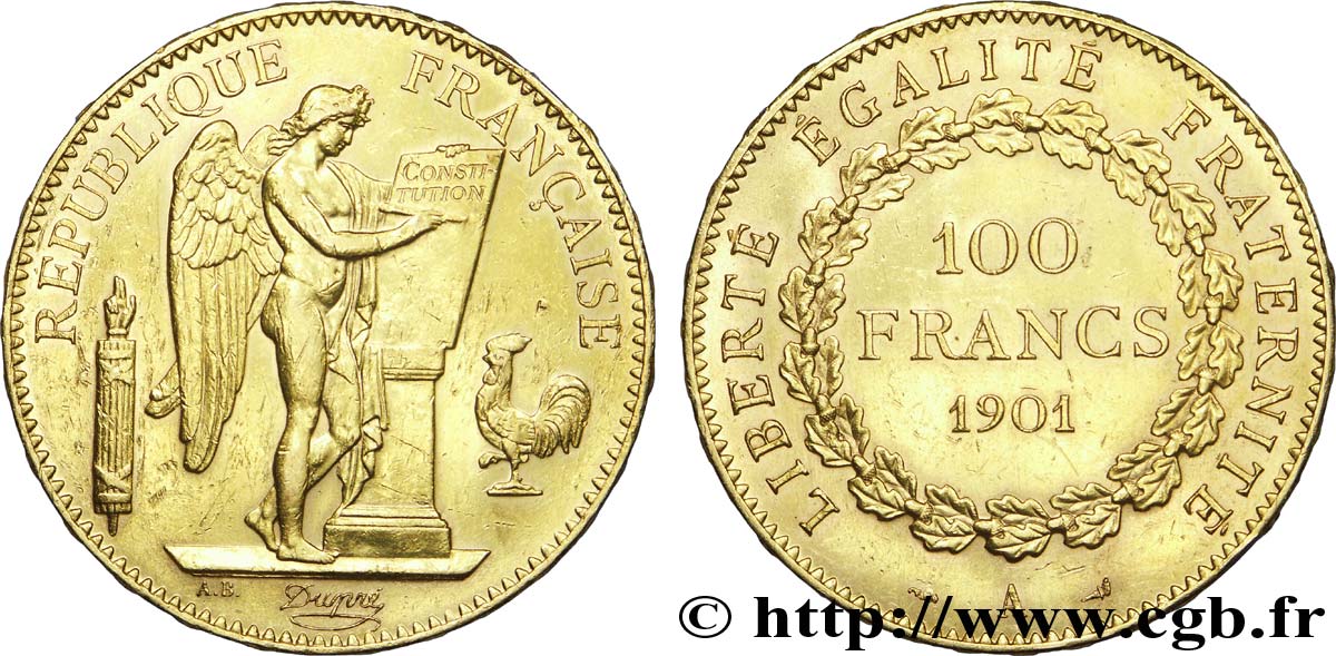 100 francs or Génie, tranche inscrite en relief Dieu protège la France 1901 Paris F.552/14 XF 