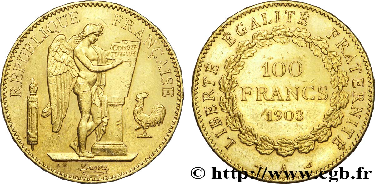 100 francs or Génie, tranche inscrite en relief Dieu protège la France 1903 Paris F.552/16 MBC 