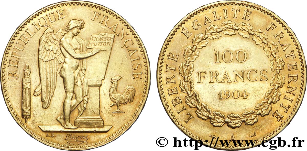 100 francs or Génie, tranche inscrite en relief Dieu protège la France 1904 Paris F.552/17 BB 