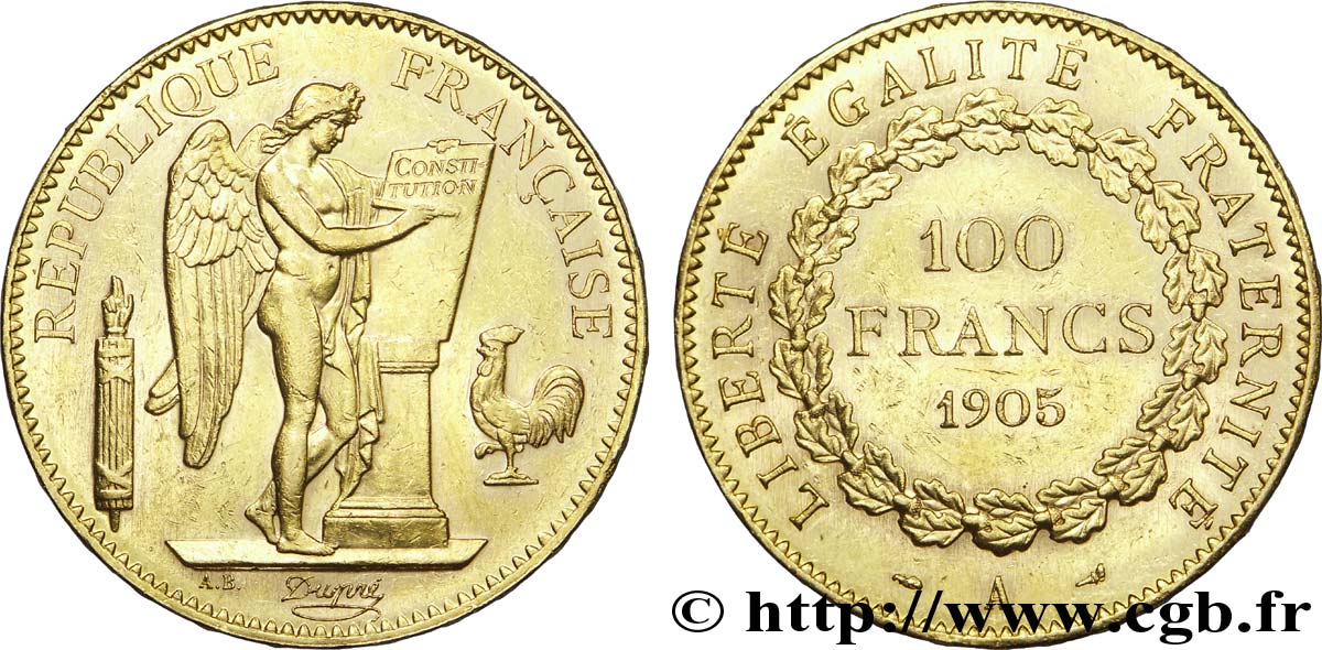100 francs or Génie, tranche inscrite en relief Dieu protège la France 1905 Paris F.552/18 XF 