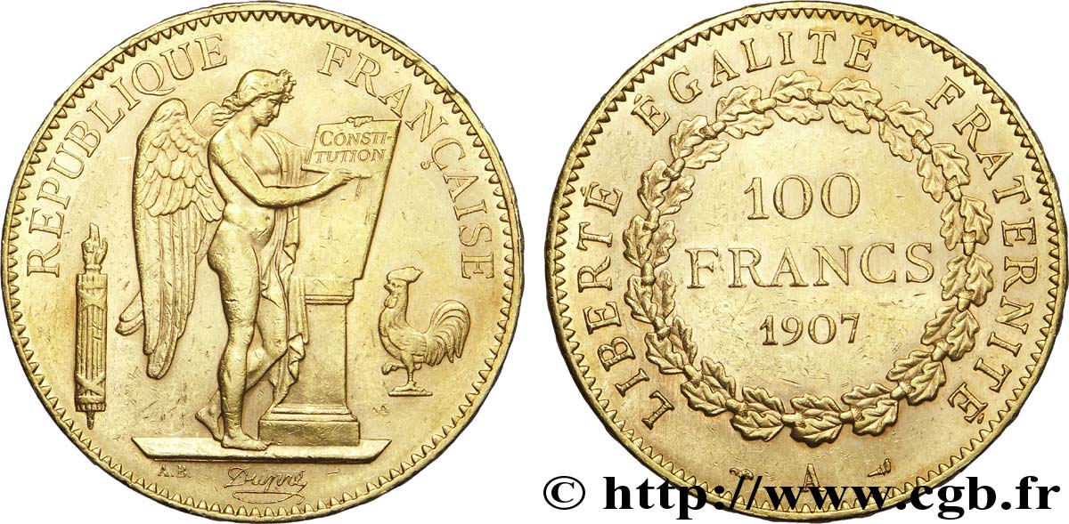 100 francs or Génie, tranche inscrite en relief Liberté Égalité Fraternité 1907 Paris F.553/1 TTB 