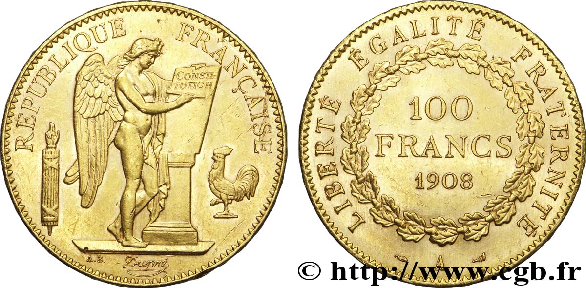 100 francs or Génie, tranche inscrite en relief Liberté Égalité Fraternité 1908 Paris F.553/2 MBC 