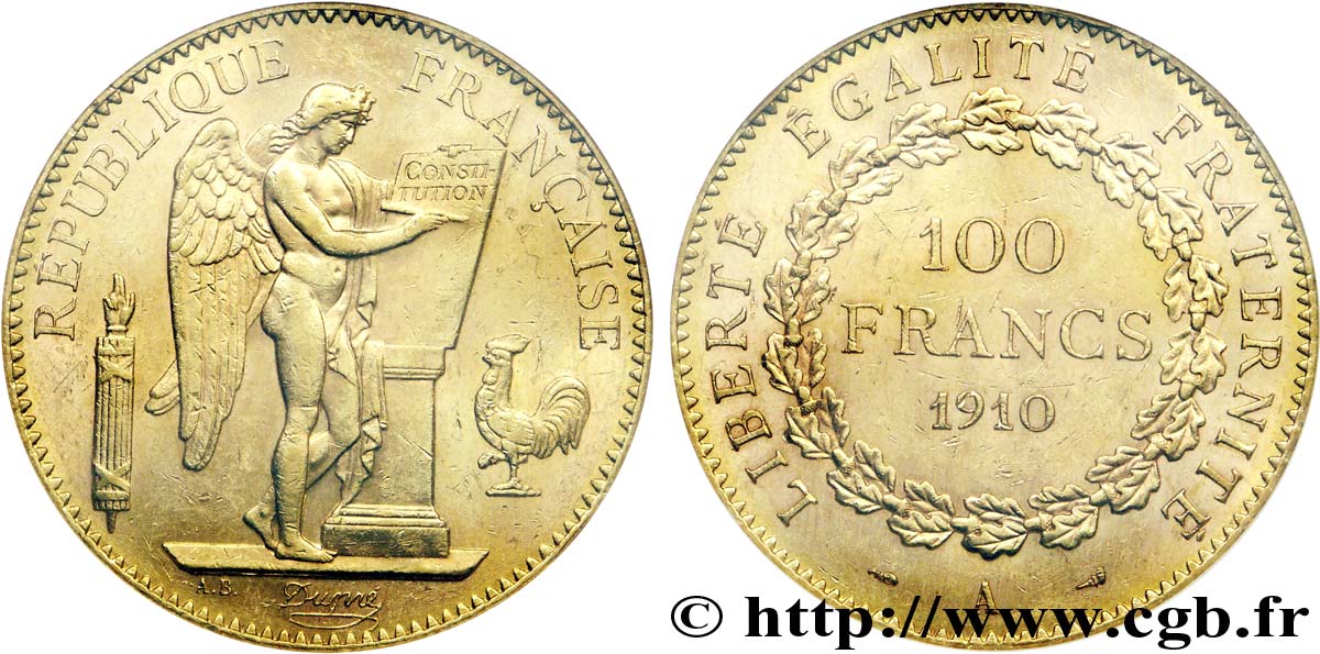 100 francs or Génie, tranche inscrite en relief Liberté Égalité Fraternité 1910 Paris F.553/4 VZ 