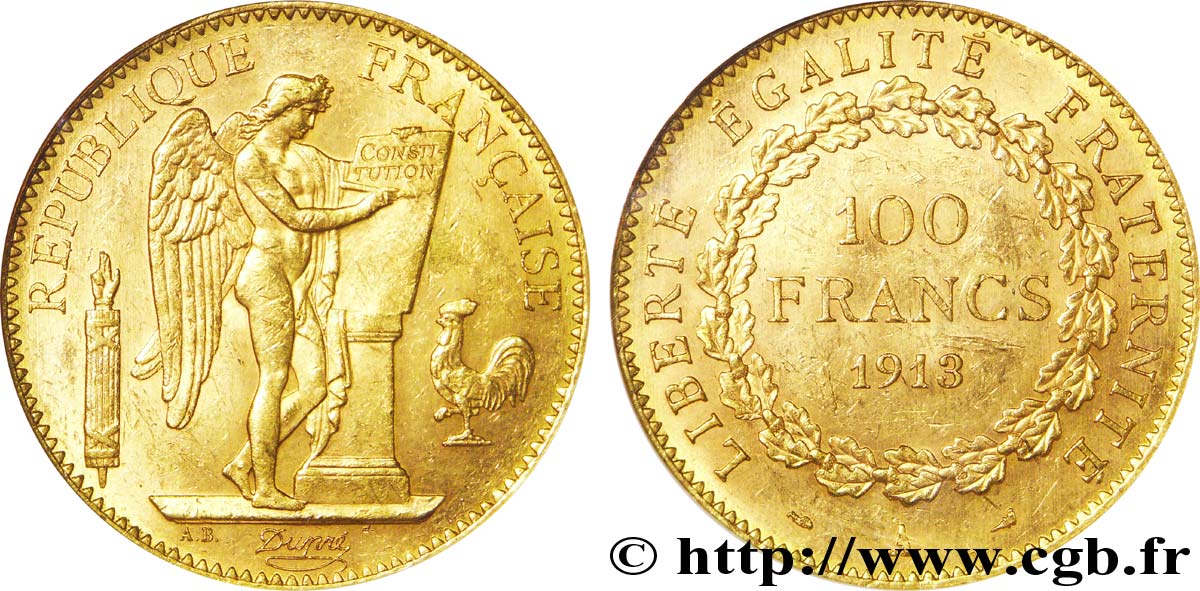 100 francs or Génie, tranche inscrite en relief Liberté Égalité Fraternité 1913 Paris F.553/7 EBC 