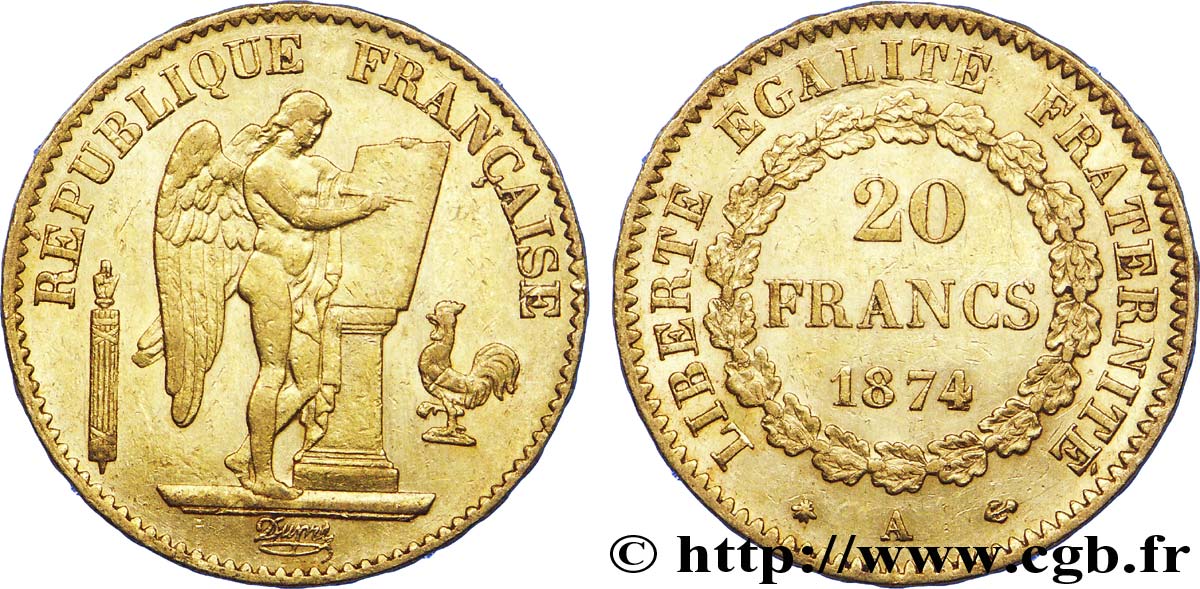 20 francs or Génie, Troisième République 1874 Paris F.533/2 XF 
