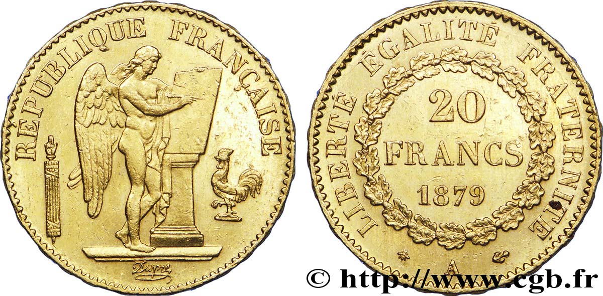 20 francs or Génie, Troisième République, ancre non barrée 1879 Paris F.533/7 EBC 