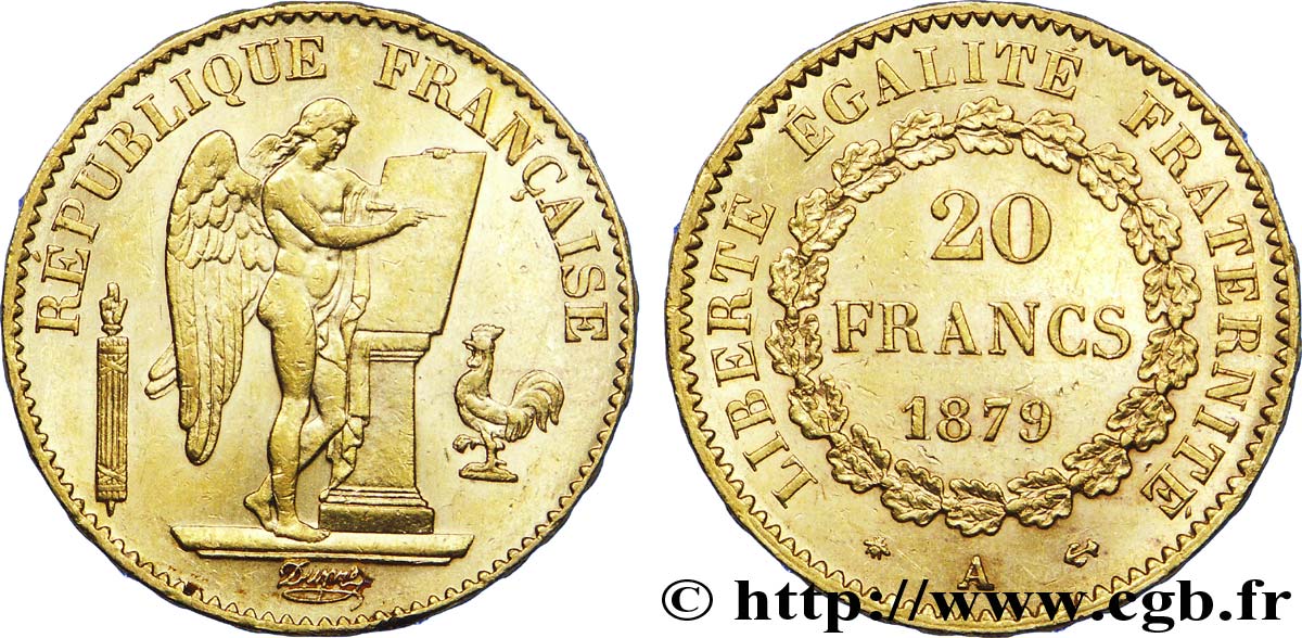 20 francs or Génie, Troisième République, ancre barrée 1879 Paris F.533/8 VZ 