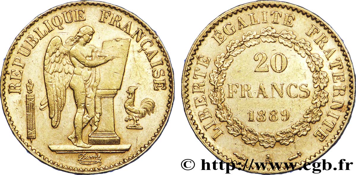 20 francs or Génie, Troisième République 1889 Paris F.533/12 MBC 