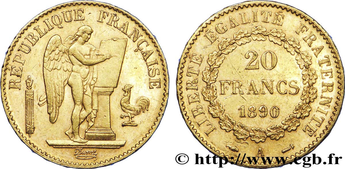 20 francs or Génie, Troisième République 1890 Paris F.533/14 MBC 