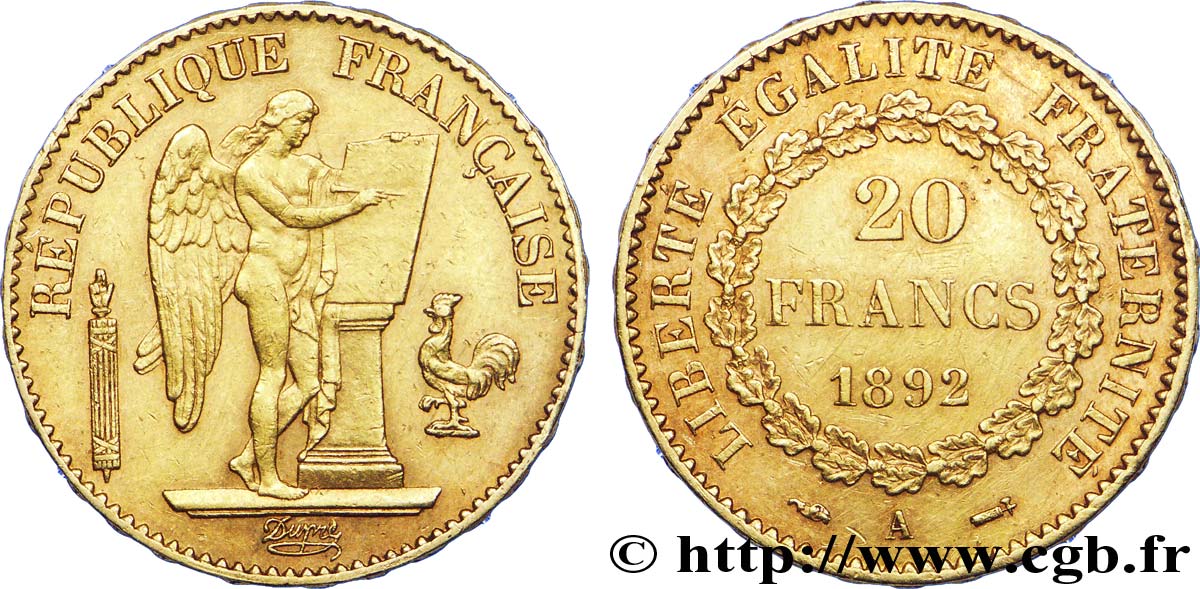 20 francs or Génie, Troisième République 1892 Paris F.533/16 SS 