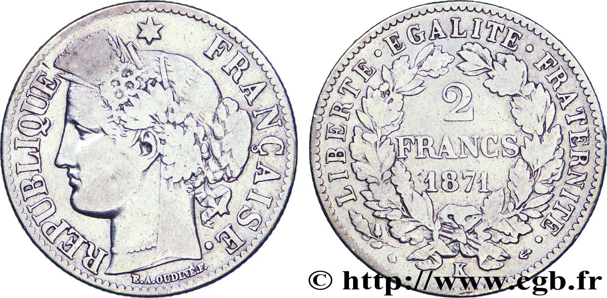 2 francs Cérès, avec légende, grand K 1871 Bordeaux F.265/6 TB 
