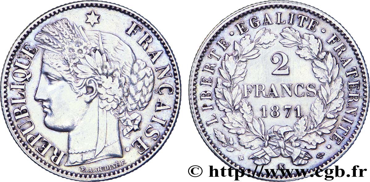 2 francs Cérès, avec légende, petit K 1871 Bordeaux F.265/7 SUP 