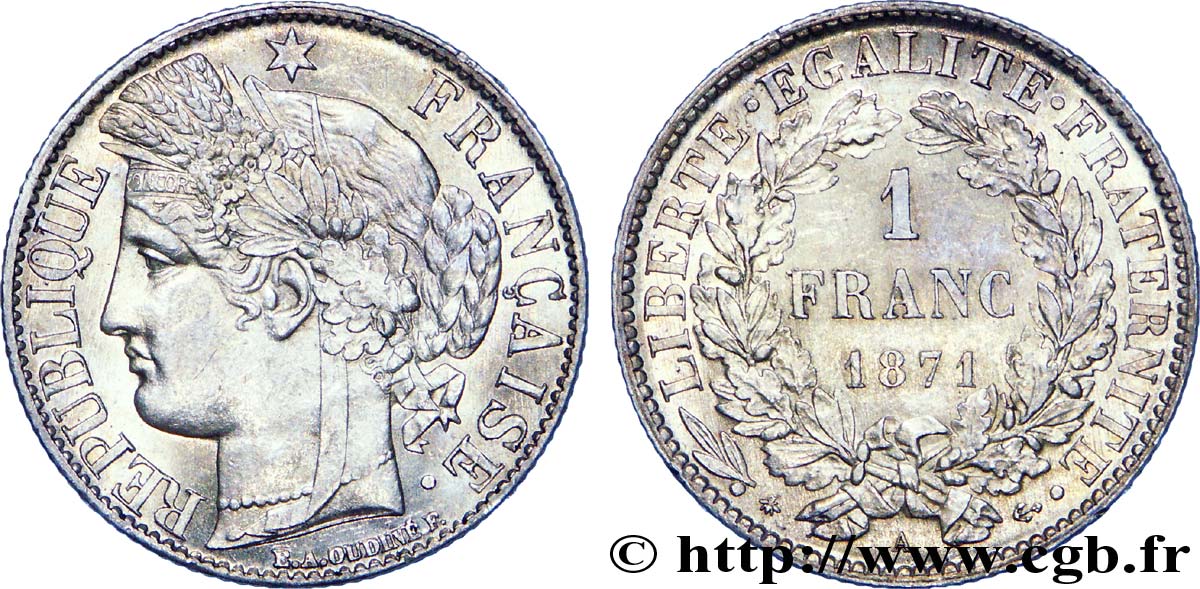 1 franc Cérès, Troisième République, petit A 1871 Paris F.216/2 AU 