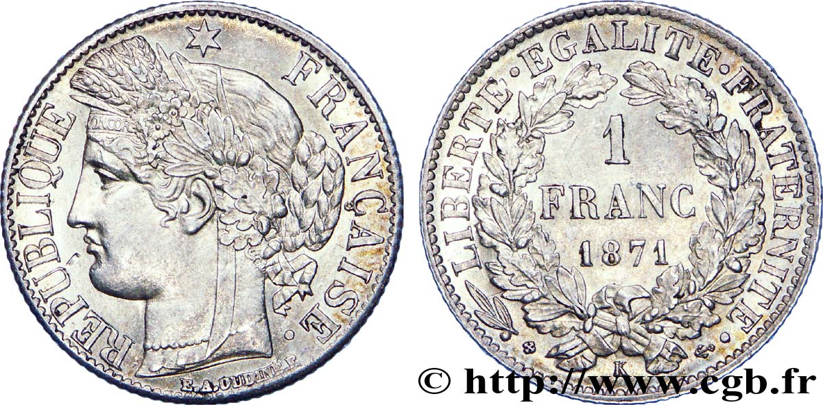 1 franc Cérès, Troisième République 1871 Bordeaux F.216/3 SUP 