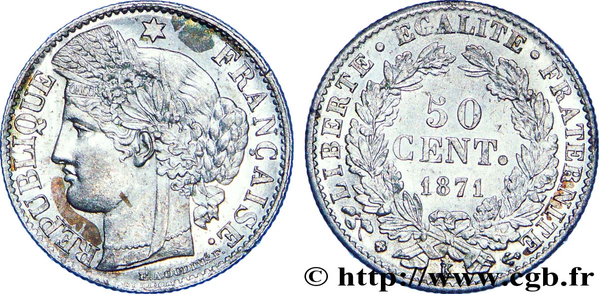 50 centimes Cérès, Troisième République 1871 Bordeaux F.189/2 EBC 
