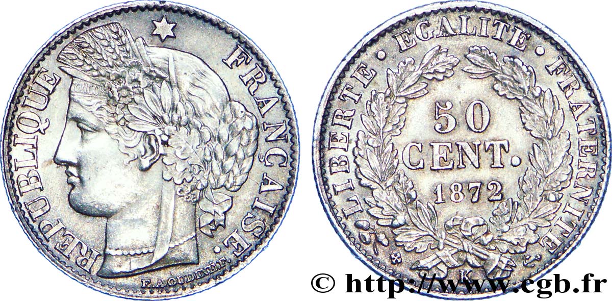 50 centimes Cérès, Troisième République 1872 Bordeaux F.189/4 SPL 