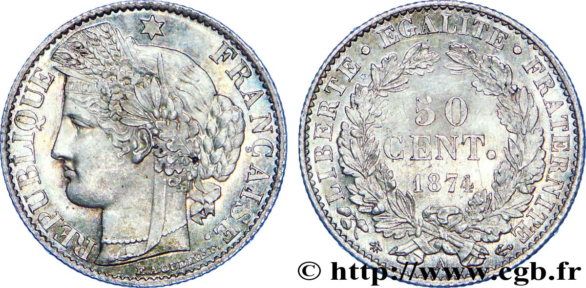 50 centimes Cérès, Troisième République 1874 Paris F.189/7 SPL 