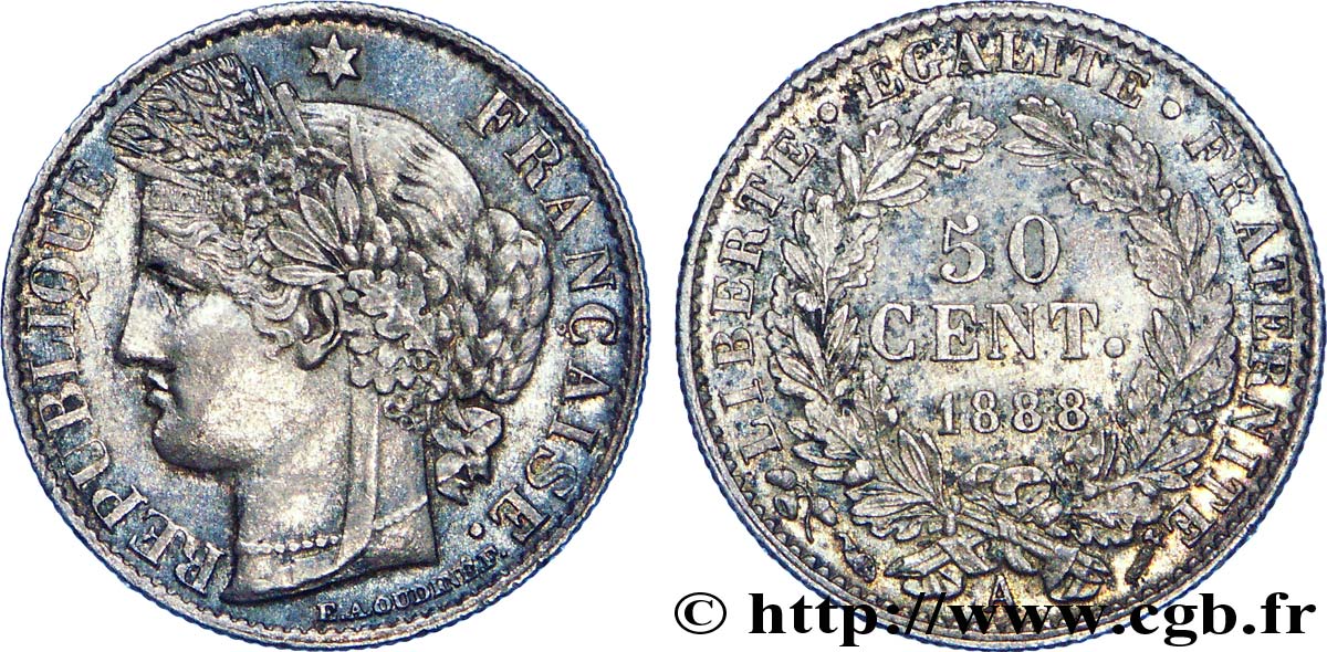 50 centimes Cérès, Troisième République 1888 Paris F.189/13 VZ 